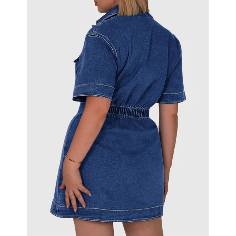 Women Denim Shirt Dress Short Sleeve Stretchy Casual Summer Plus Size - Picture 2 of 5